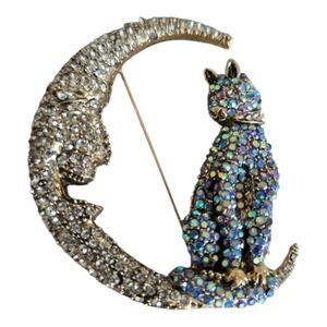 New Cat on the Moon Rhinestone Brooch Pin Lapel Scarf